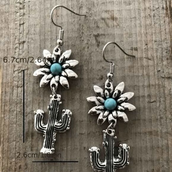 FLOWER CACTUS SILVER TURQUOISE DANGLE EARRINGS - Picture 9 of 9
